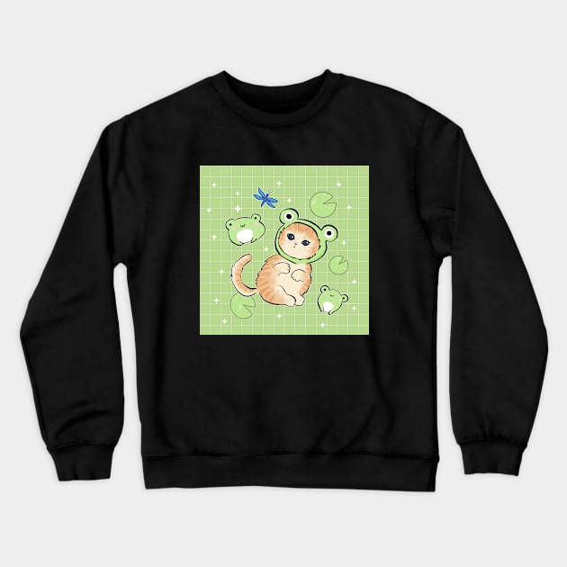 Kawaii Frog and Cat with Toad Hat - Retro 90s Cottagecore Aesthetic featuring Happy Froge Kitten Crewneck Sweatshirt by Ministry Of Frogs